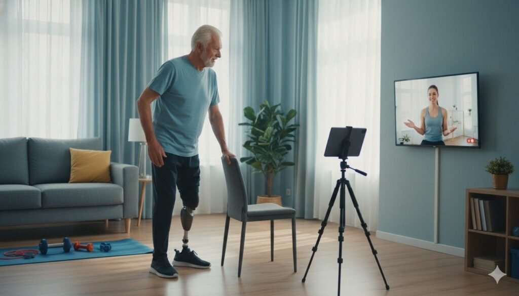 Walking poles give users extra stability during early training.